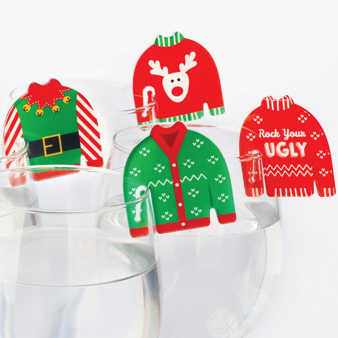Big Dot of Happiness Ugly Sweater - Holiday and Christmas Party Wine Glass Charms - Acrylic Drink Markers - Set of 20